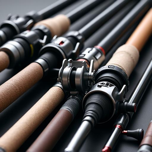 A collection of modern fishing rods and reels.