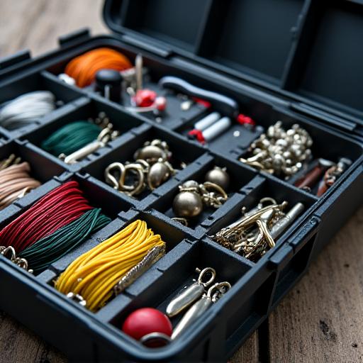 An open tackle box filled with fishing equipment.
